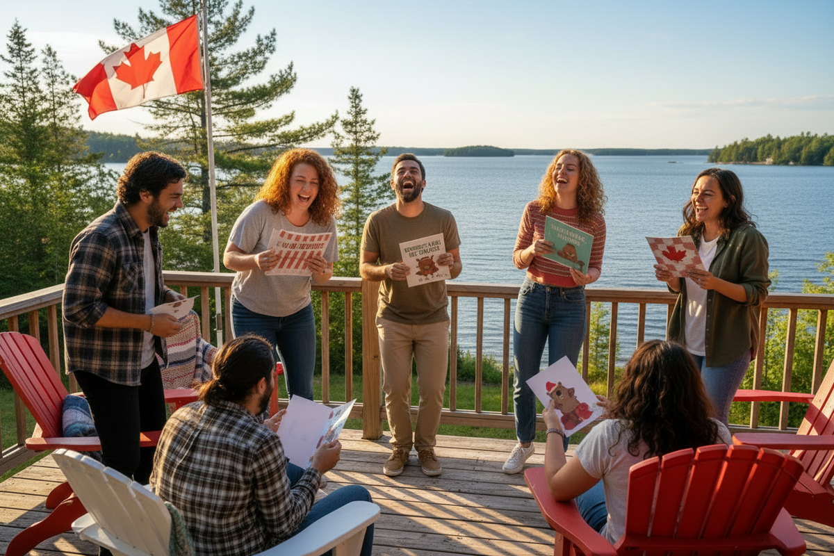 Canadian friends laughing with cards and Canadian flag