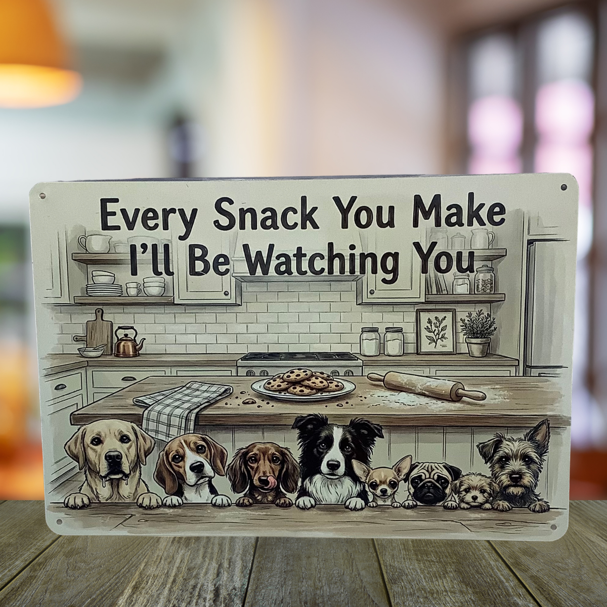 Cream aluminum sign with eight illustrated dogs peeking over a counter beneath a kitchen scene with cookies, reading “Every snack you make, I’ll be watching you.”