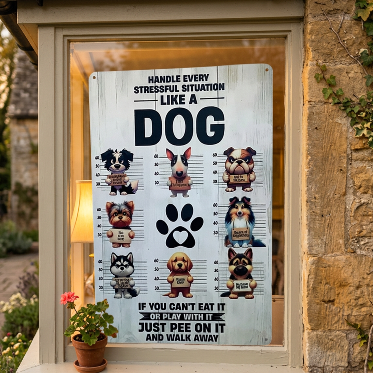White wood-look aluminum sign with eight cartoon dogs and a paw print, reading “Handle every stressful situation like a dog. If you can’t eat it or play with it, just pee on it and walk away.”