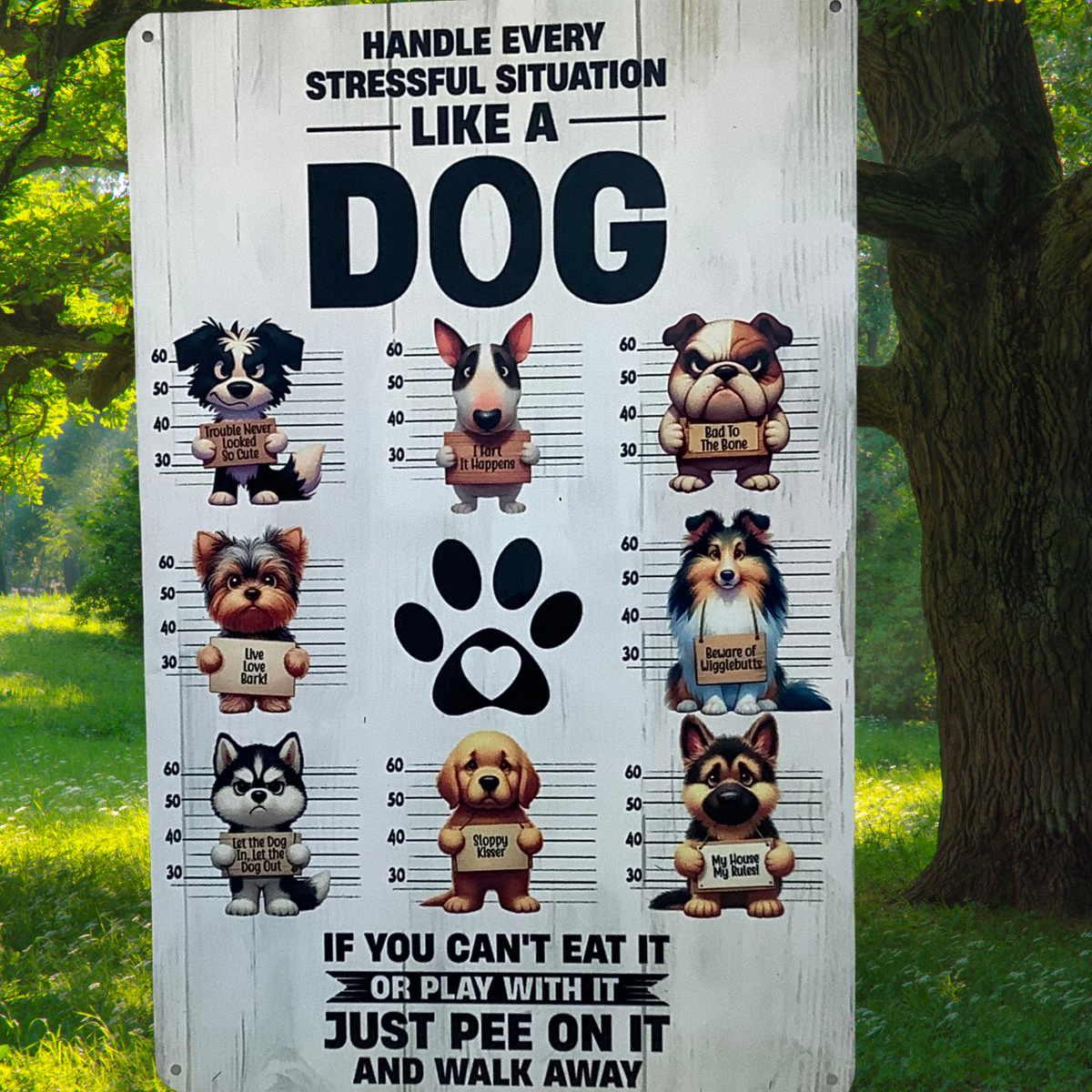 White wood-look aluminum sign displayed outdoors, with eight cartoon dogs and a paw print, reading “Handle every stressful situation like a dog. If you can’t eat it or play with it, just pee on it and walk away.”