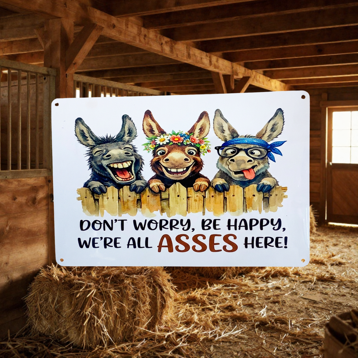 White aluminum sign with three grinning cartoon donkeys leaning over a wooden fence, reading “Don’t worry, be happy, we’re all asses here!”