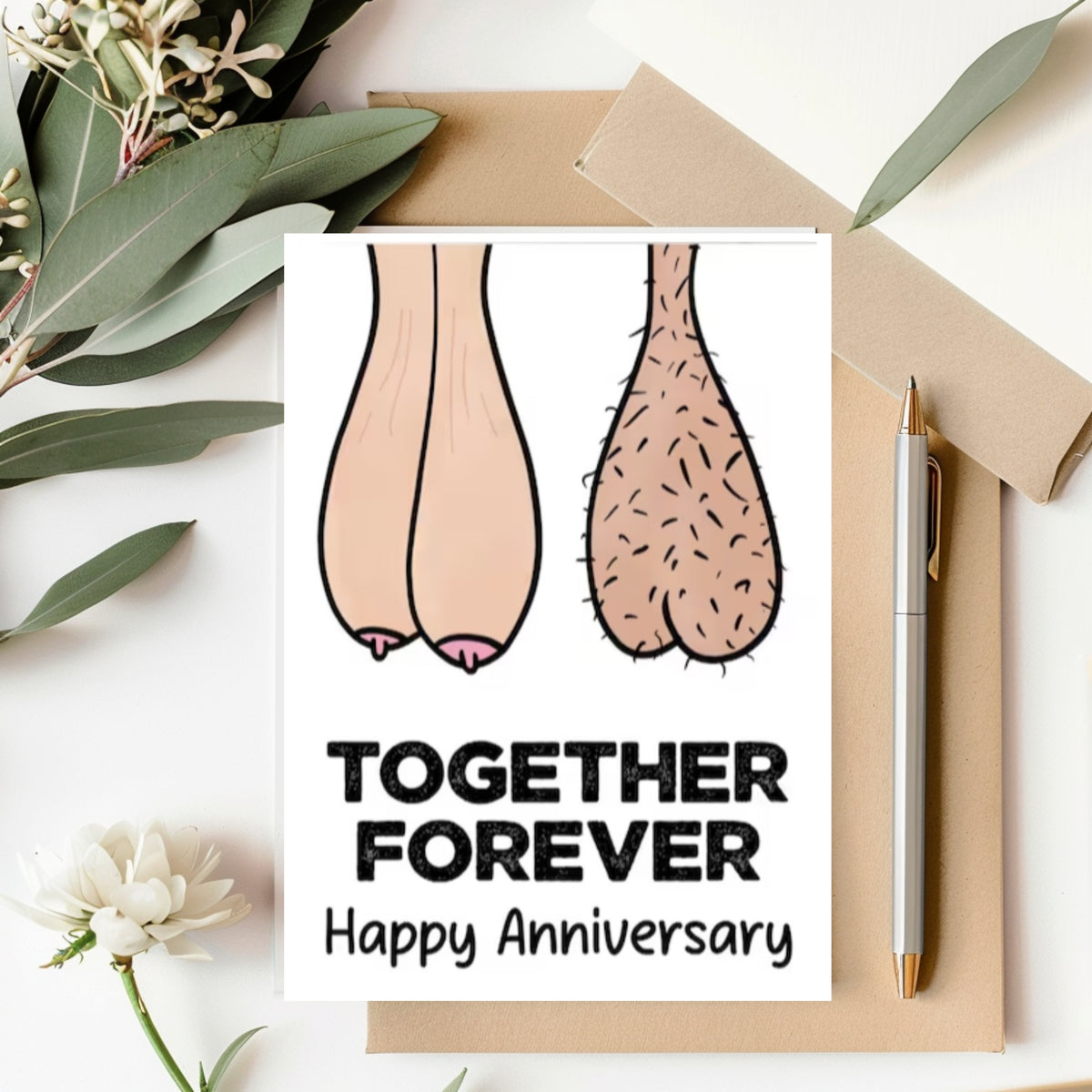 White rectangular anniversary card with cartoon sagging breasts and testicles side by side, reading “Together Forever” and “Happy Anniversary.”