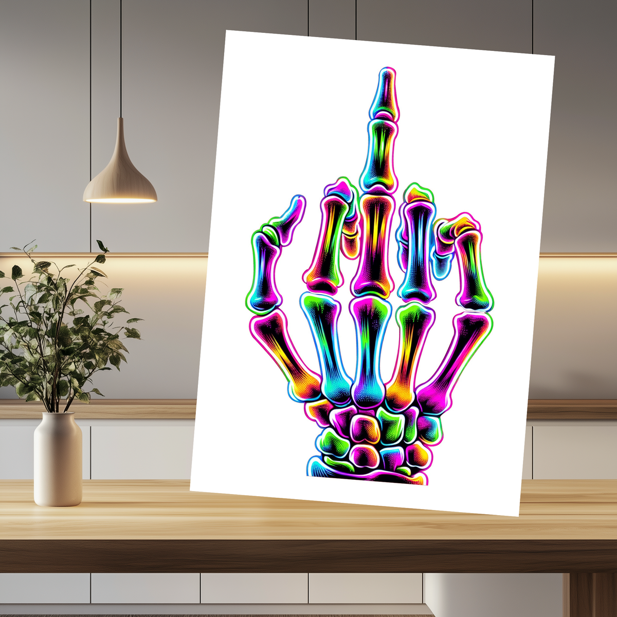 White aluminum sign featuring a skeleton hand raising its middle finger, with vivid neon pink, blue, green and yellow outlines.