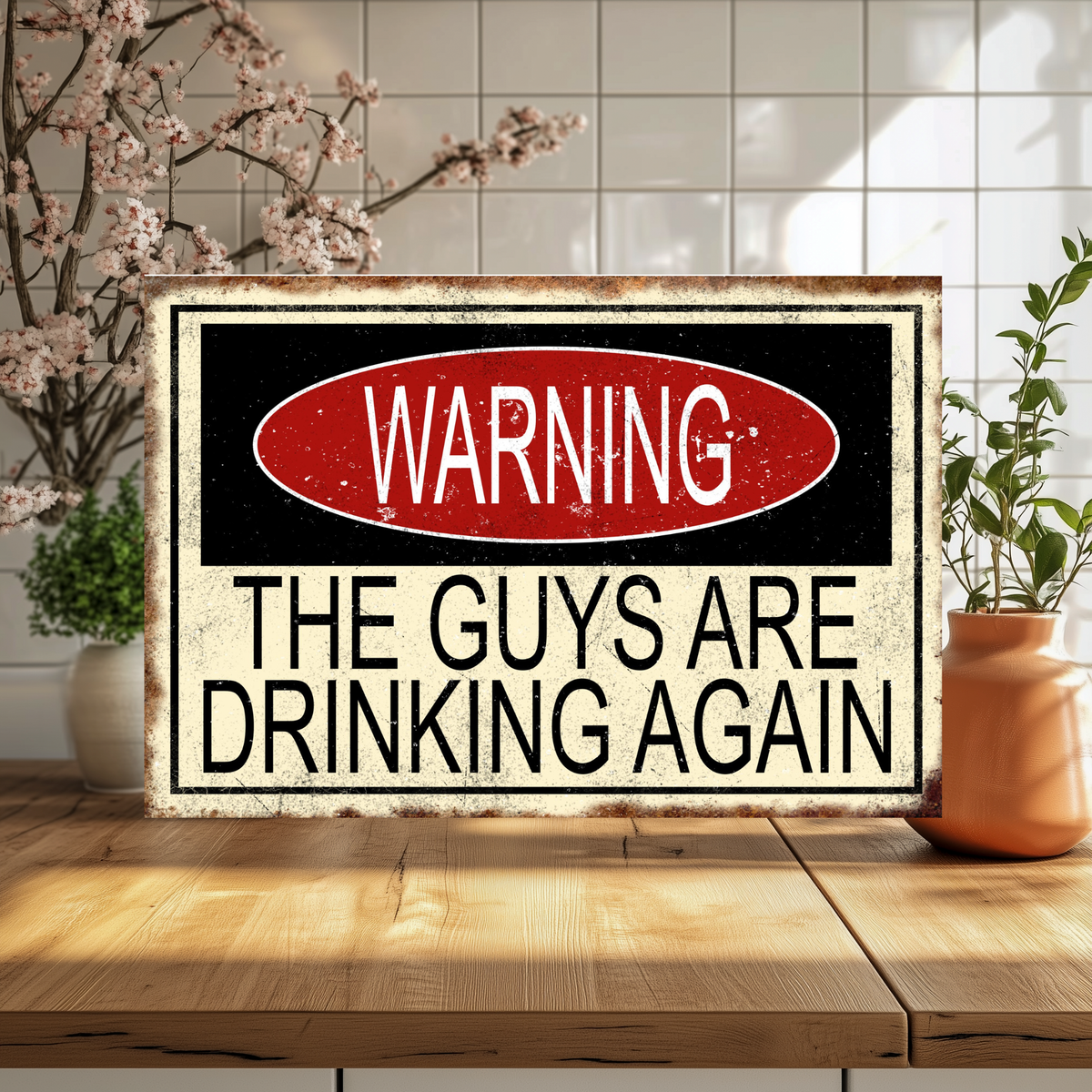 Distressed cream and black aluminum sign with a red oval reading “Warning” above “The guys are drinking again.”