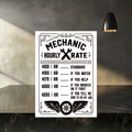 White aluminum sign with crossed wrenches and a winged wheel, reading “Mechanic hourly rate: $100/hr standard, $150/hr if you watch, $175/hr if you help, $200/hr if you worked on it first, $250/hr if you tell me how to do my job.”