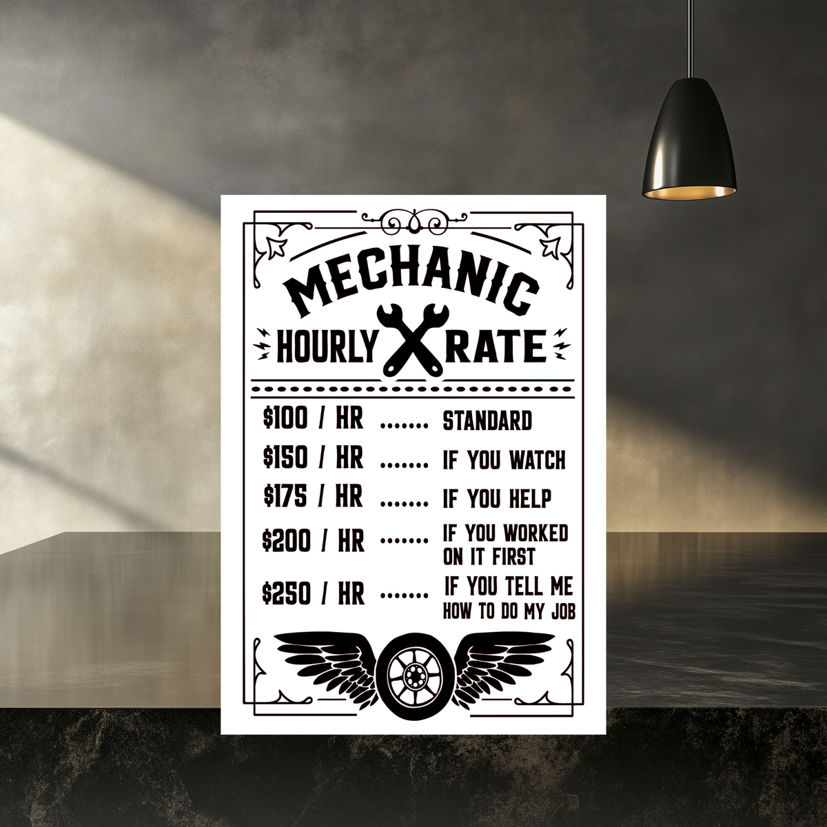 White aluminum sign with crossed wrenches and a winged wheel, reading “Mechanic hourly rate: $100/hr standard, $150/hr if you watch, $175/hr if you help, $200/hr if you worked on it first, $250/hr if you tell me how to do my job.”