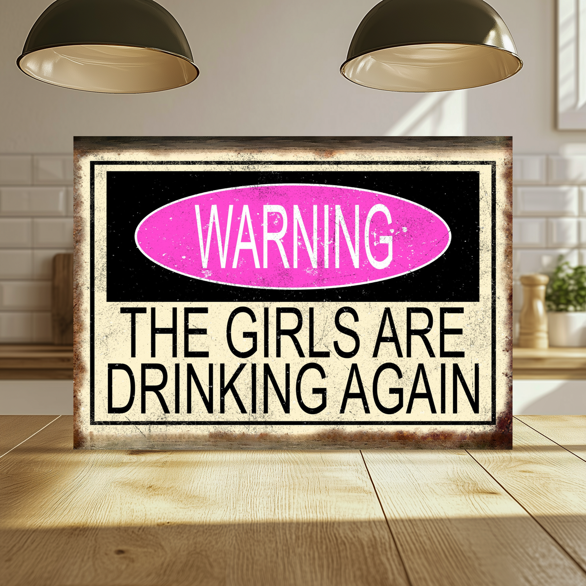 Distressed cream and black aluminum sign with a pink oval reading “Warning” above “The girls are drinking again.”