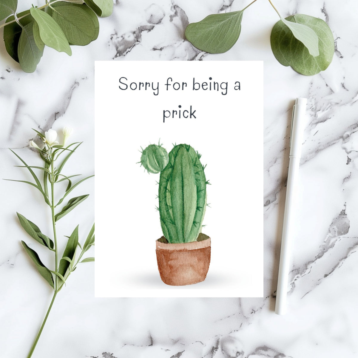 White rectangular apology card with a green cactus in a terracotta pot, reading “Sorry for being a prick.”