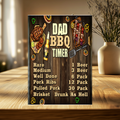 Dark wood-look aluminum sign with grilled food, beer and a spatula, reading “Dad BBQ Timer: Rare, 1 beer; medium, 3 beer; well done, 6 pack; pork ribs, 12 pack; pulled pork, 30 pack; brisket, drunk as hell.”