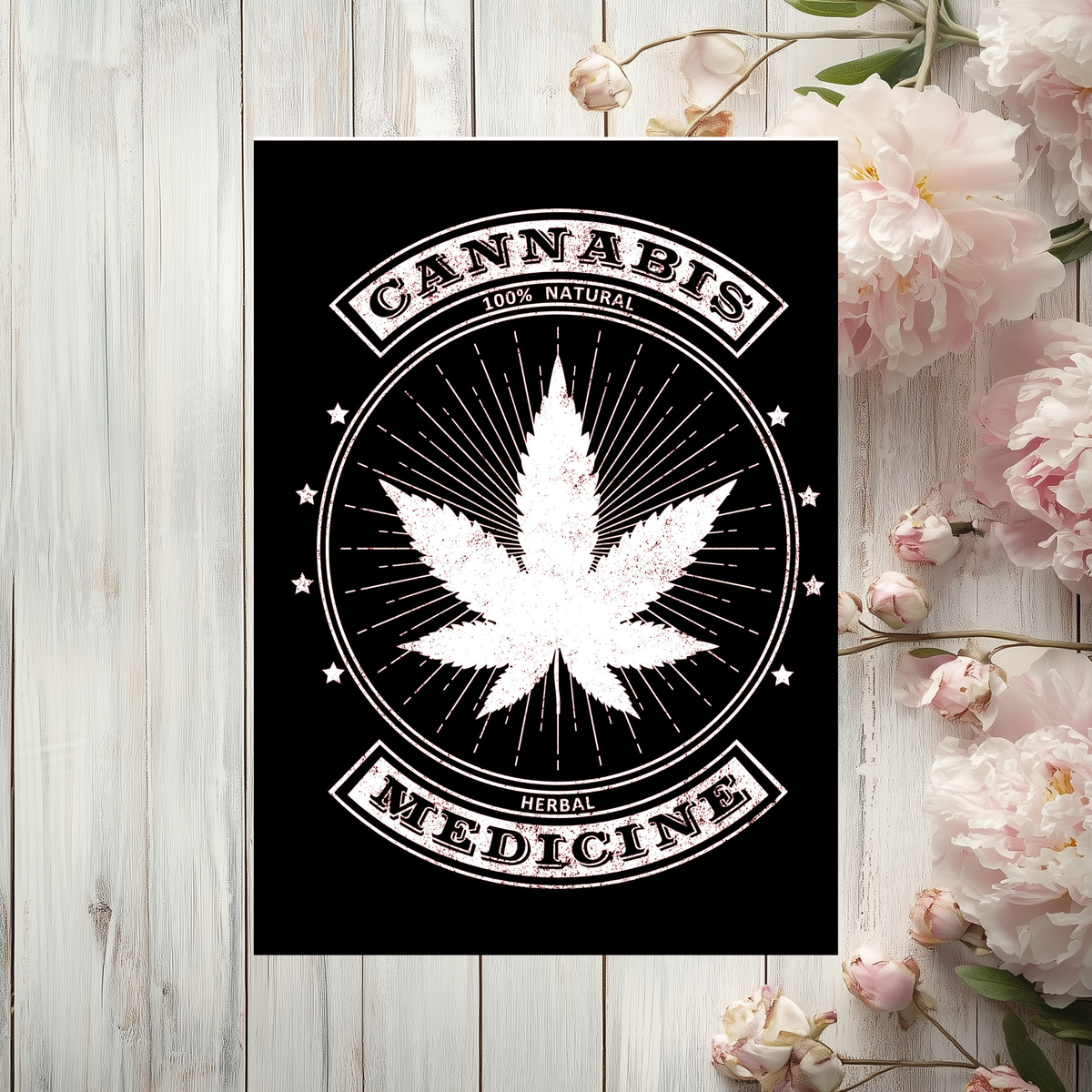 Black aluminum sign with a white cannabis leaf, radiating lines and stars, with lettering reading “Cannabis,” “100% natural” and “Herbal medicine.”