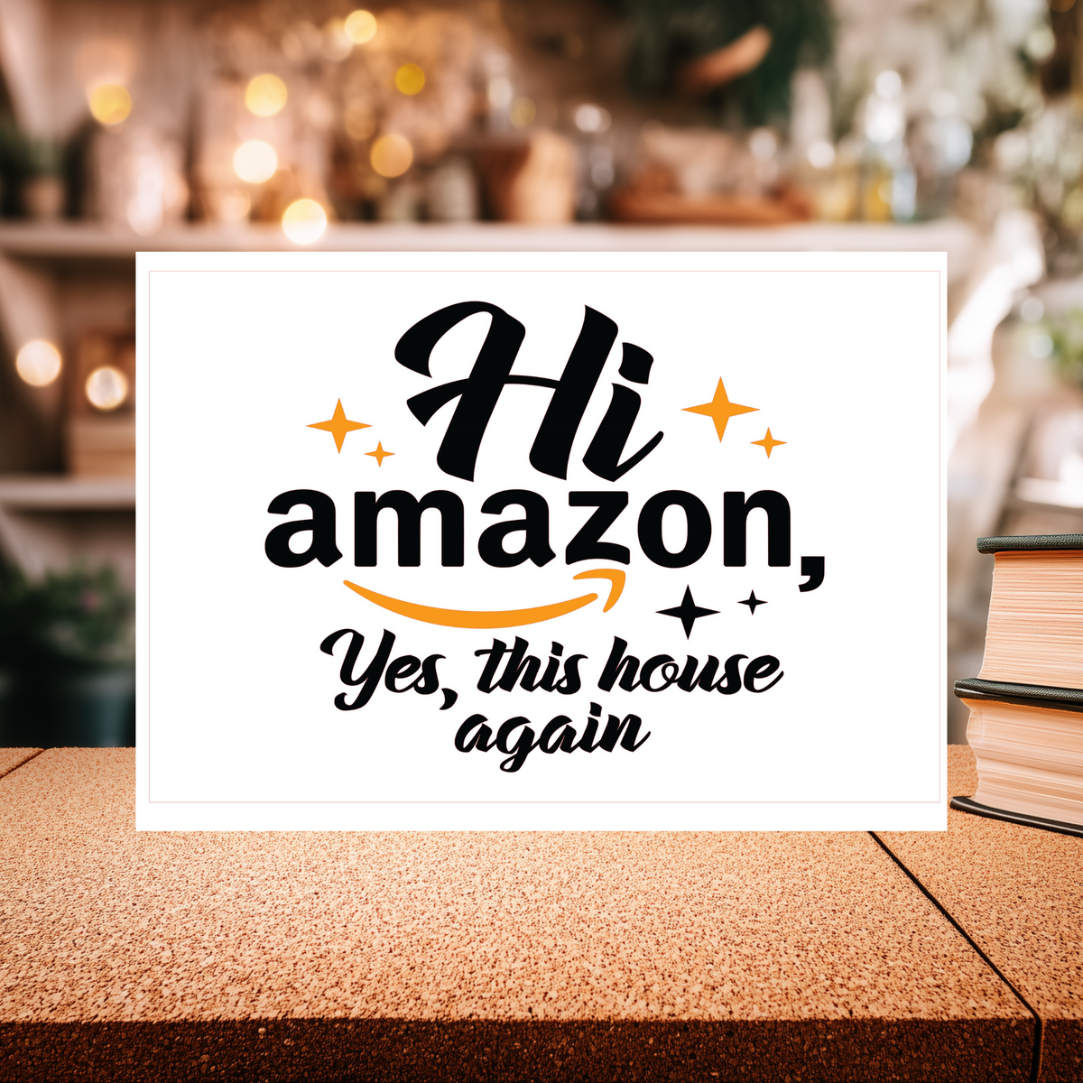 White aluminum sign with black lettering, orange stars and an orange smile arrow, reading “Hi Amazon, yes this house again.”
