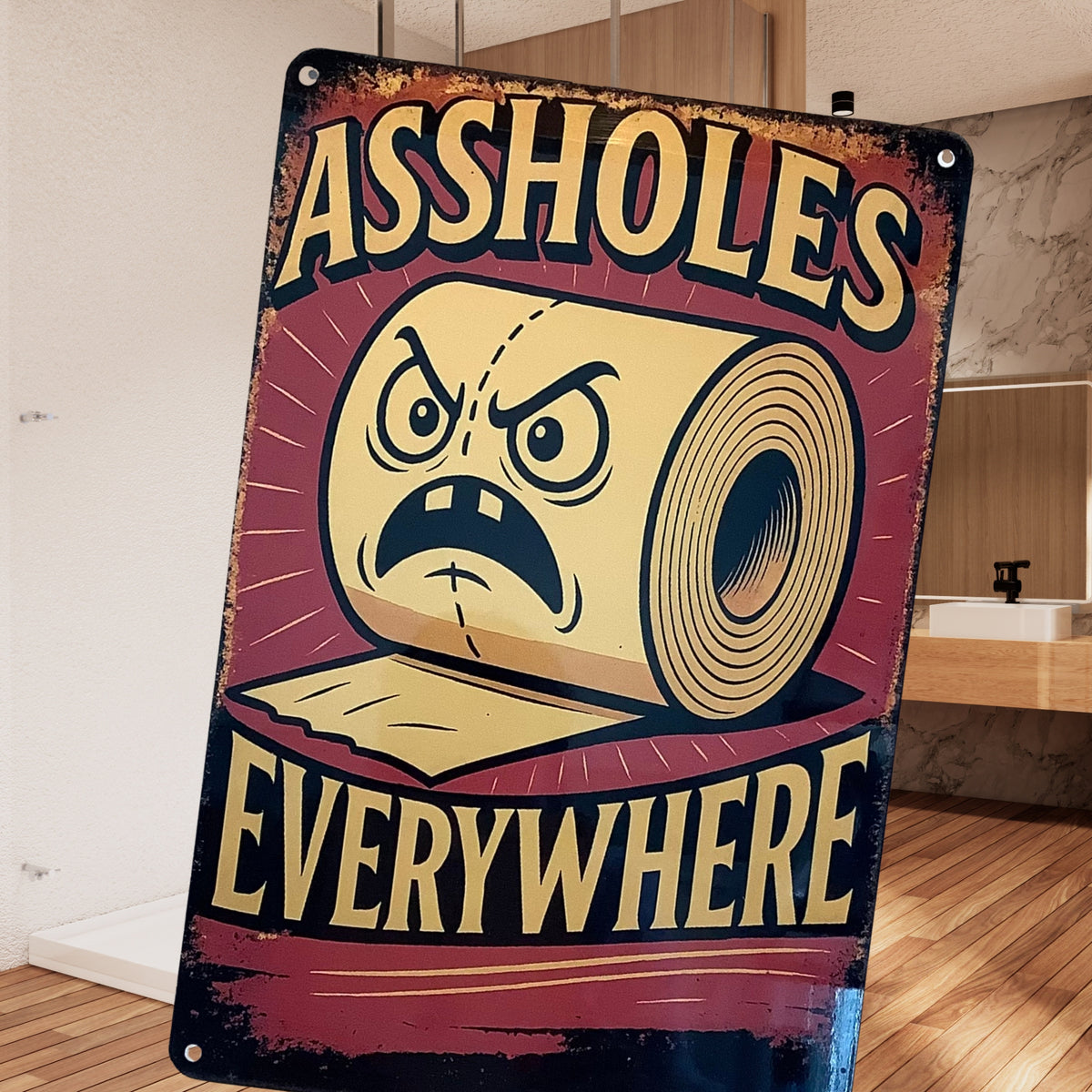 Distressed burgundy and black aluminum sign with an angry cartoon toilet-paper roll and cream lettering reading “Assholes everywhere.”