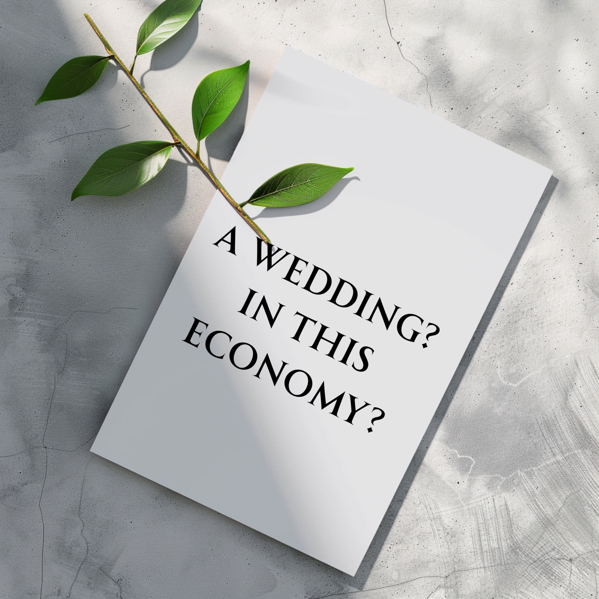A white rectangular card or print with the text 'A WEDDING? IN THIS ECONOMY?' in black serif lettering, placed on a light gray textured surface with a green leafy stem across the top left.