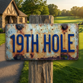 Distressed cream and pale blue faux license plate sign with dark blue lettering reading “19th Hole,” mounted on a wooden post beside a golf course.