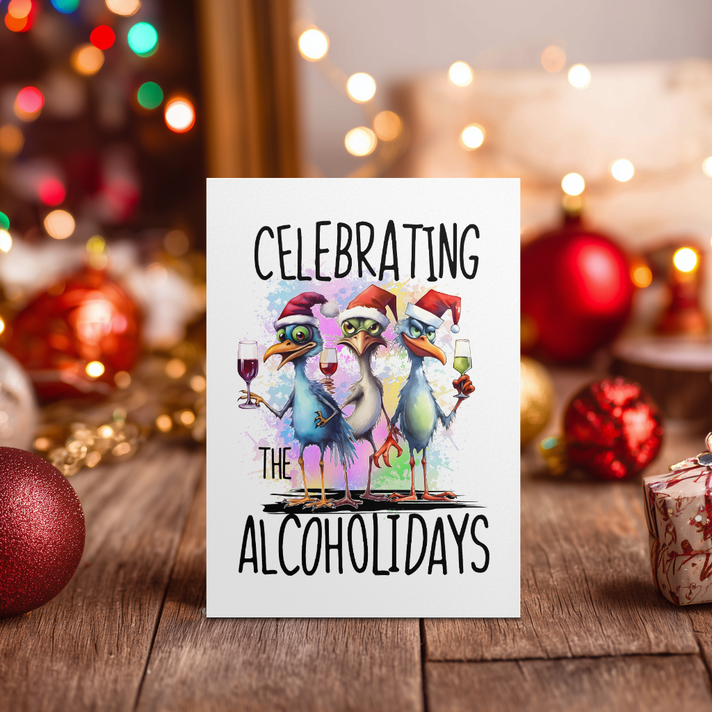 A white greeting card featuring a humorous illustration of three birds wearing red Santa hats and holding wine glasses, with the text 'CELEBRATING THE ALCOHOLIDAYS'. The card is displayed on a wooden table with a blurred Christmas background containing lights, ornaments, and wrapped gifts.