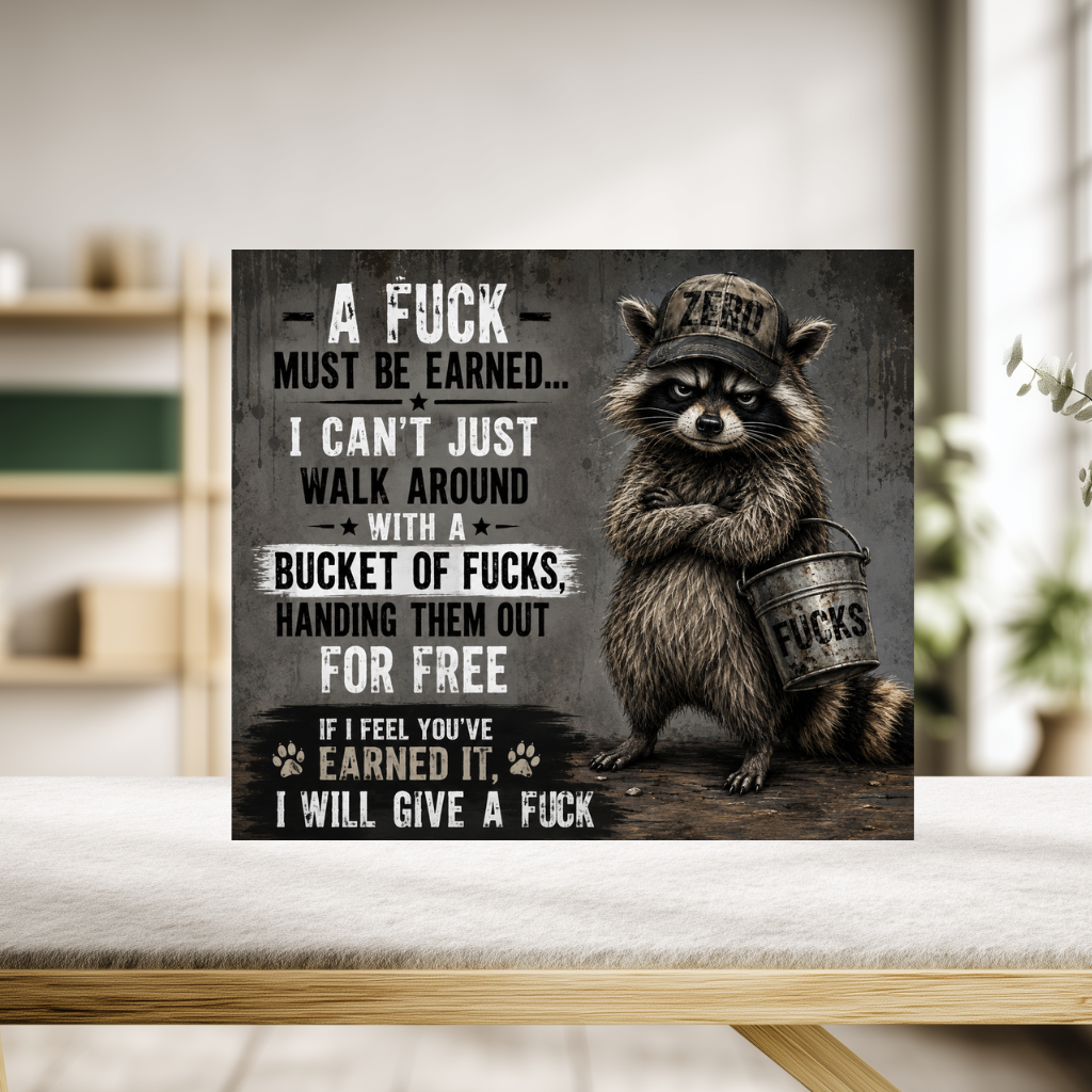 Grey aluminum sign with a grumpy raccoon wearing a “Zero” cap and holding a bucket labelled “Fucks,” reading “A fuck must be earned. I can’t just walk around with a bucket of fucks, handing them out for free. If I feel you’ve earned it, I will give a fuck.”
