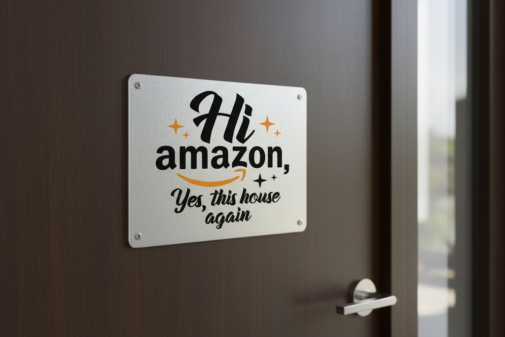 Hi Amazon aluminum sign on modern front door mid-distance