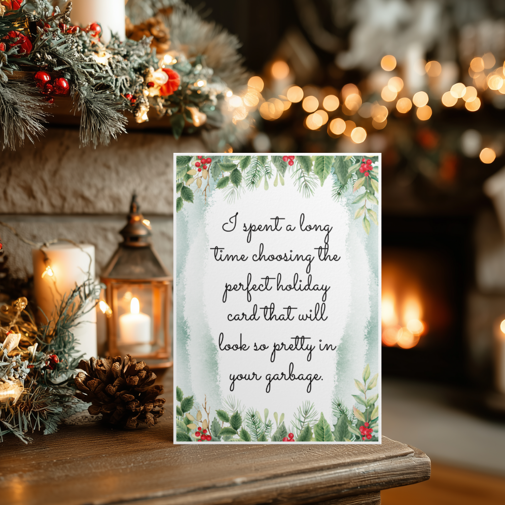 A rectangular holiday greeting card with a watercolor green foliage border and cursive text reading, 'I spent a long time choosing the perfect holiday card that will look so pretty in your garbage,' displayed on a wooden mantel with candles, pinecones, and blurred holiday lights in the background.