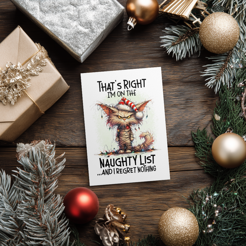 White rectangular Christmas card with a grumpy cat in a Santa hat tangled in lights, reading “That’s right I’m on the naughty list... and I regret nothing.”