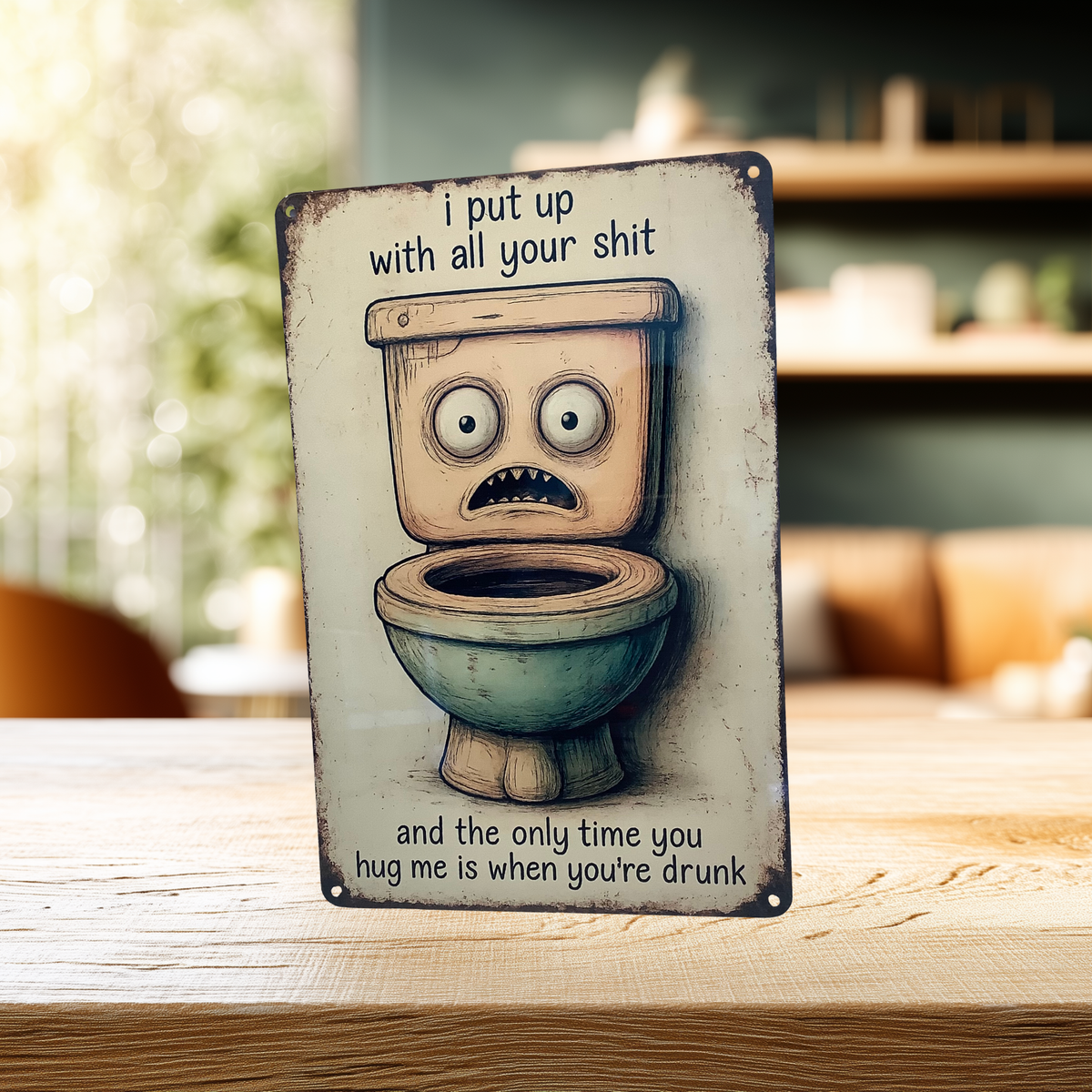 Distressed cream aluminum sign with a wide-eyed cartoon toilet, reading “I put up with all your shit, and the only time you hug me is when you’re drunk.”